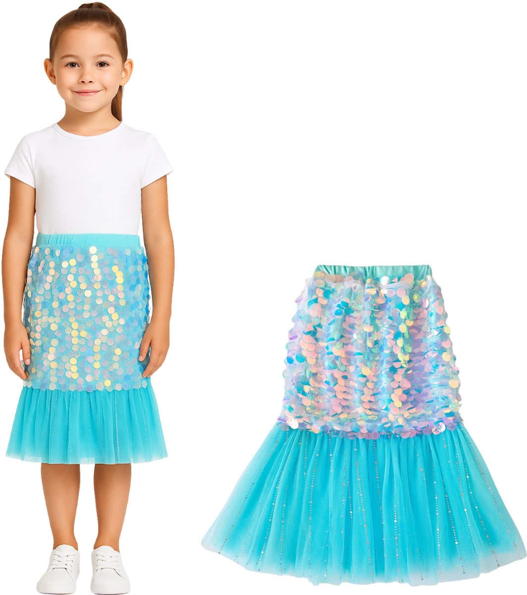 Joya Kids® Mermaid Glitterrok Blauw | Verkleedjurk Meisje | Zeemeermin stijl Rok | Verkleedrok met Pailleten | Verkleedkleding | Meisje Verkleedset | Unicorn Glitter | Maat 100